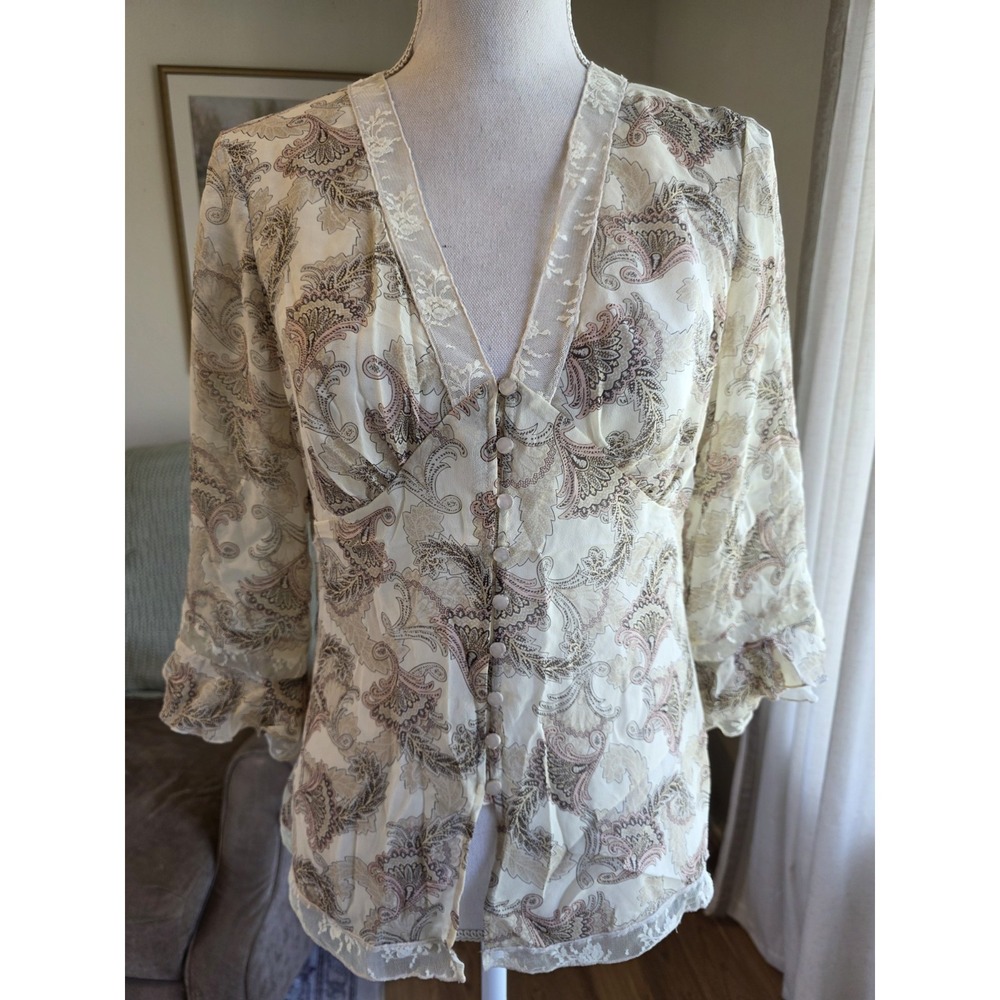 Medium Y2K The Limited 100% Silk Paisley Sheer Bohemian Lace Trim V-Neck Blouse